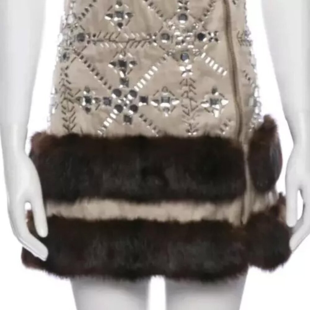Moschino Couture Crystal Embellished Fur Trim Gold Zipper Dress USA 8 RHINESTONE - Picture 5 of 14